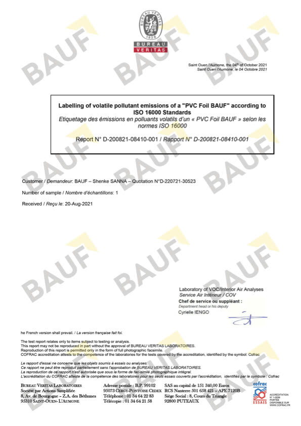 Прев'ю сертифіката BAUF A+ щодо емісії летких речовин