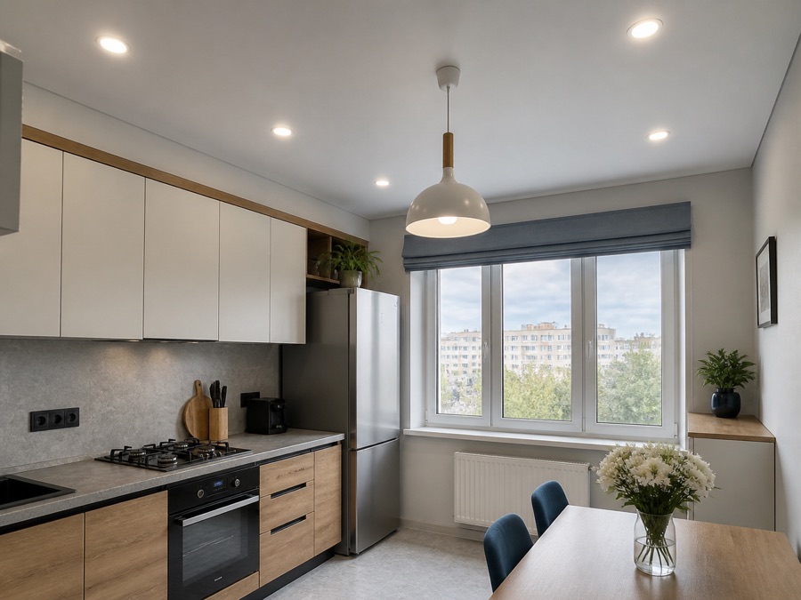 Stretch ceiling in the kitchen with spotlights